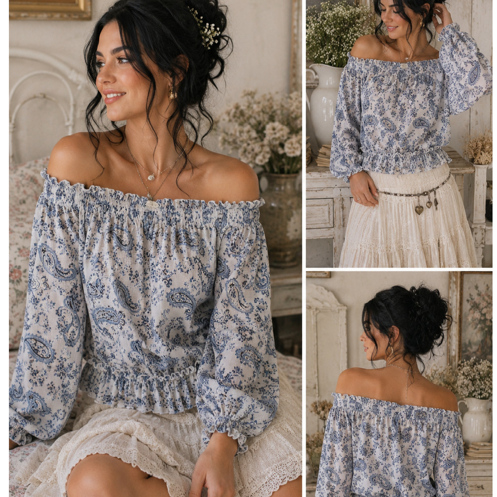 Melloday‎ Paisley Blue White Off Shoulder Sleeve Top SZ M Cottage Shabby Chic